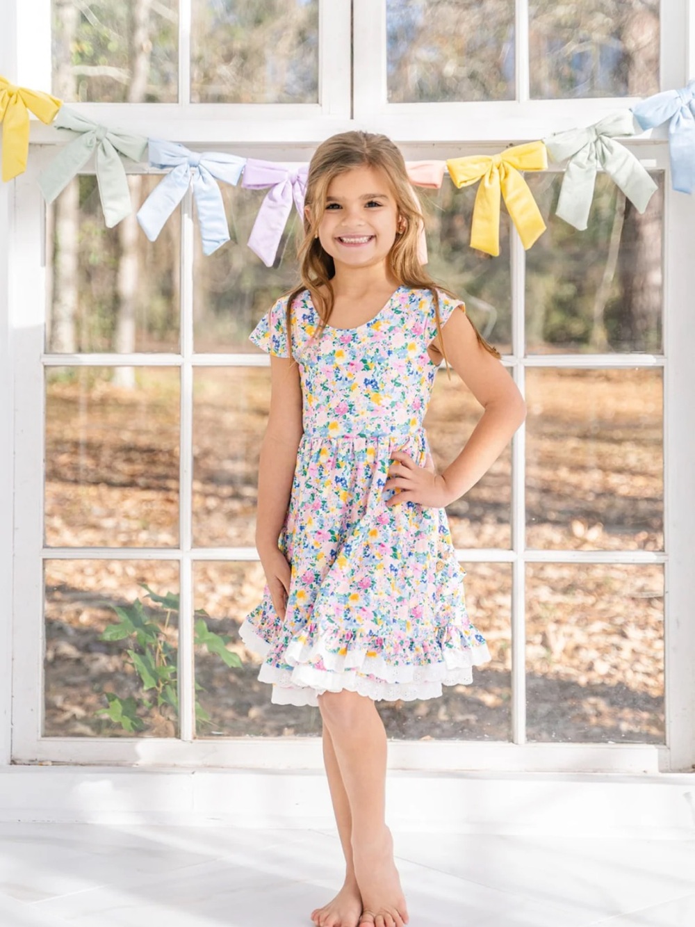 cheeky plum Girls Floral Ruffle Dress in White, Pink, Yellow, Blue